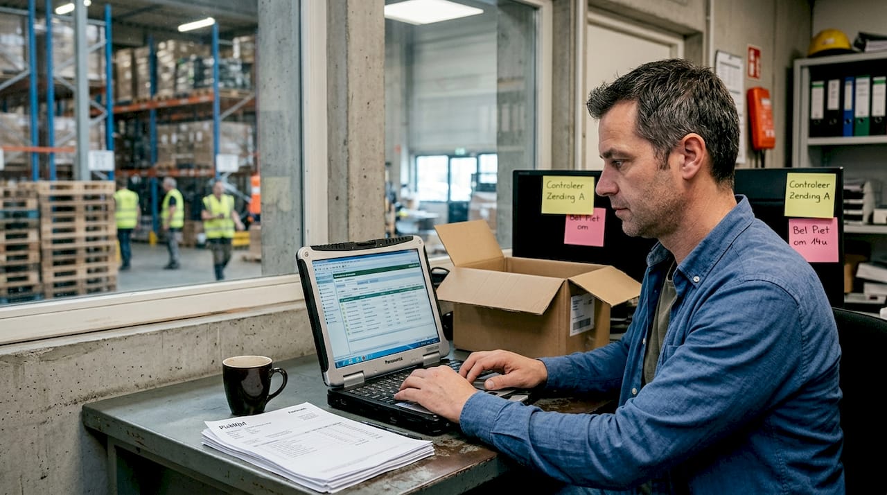 De magazijnchef bekijkt de voorraad op zijn laptop om te controleren of alles klopt.