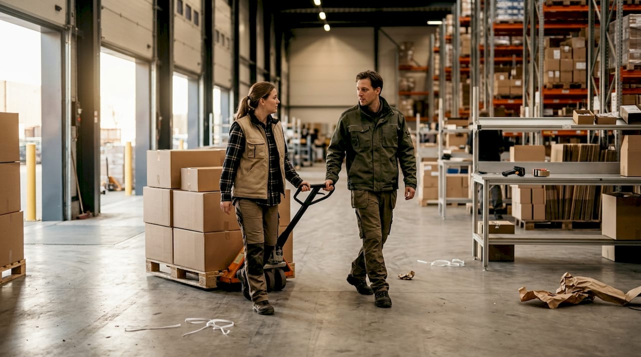In het magazijn zijn medewerkers druk bezig met het verplaatsen van pallets.