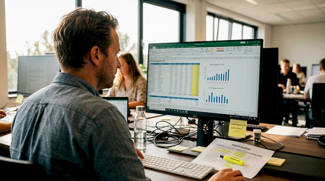 Een man vult op kantoor een exportchecklist in via een spreadsheet.