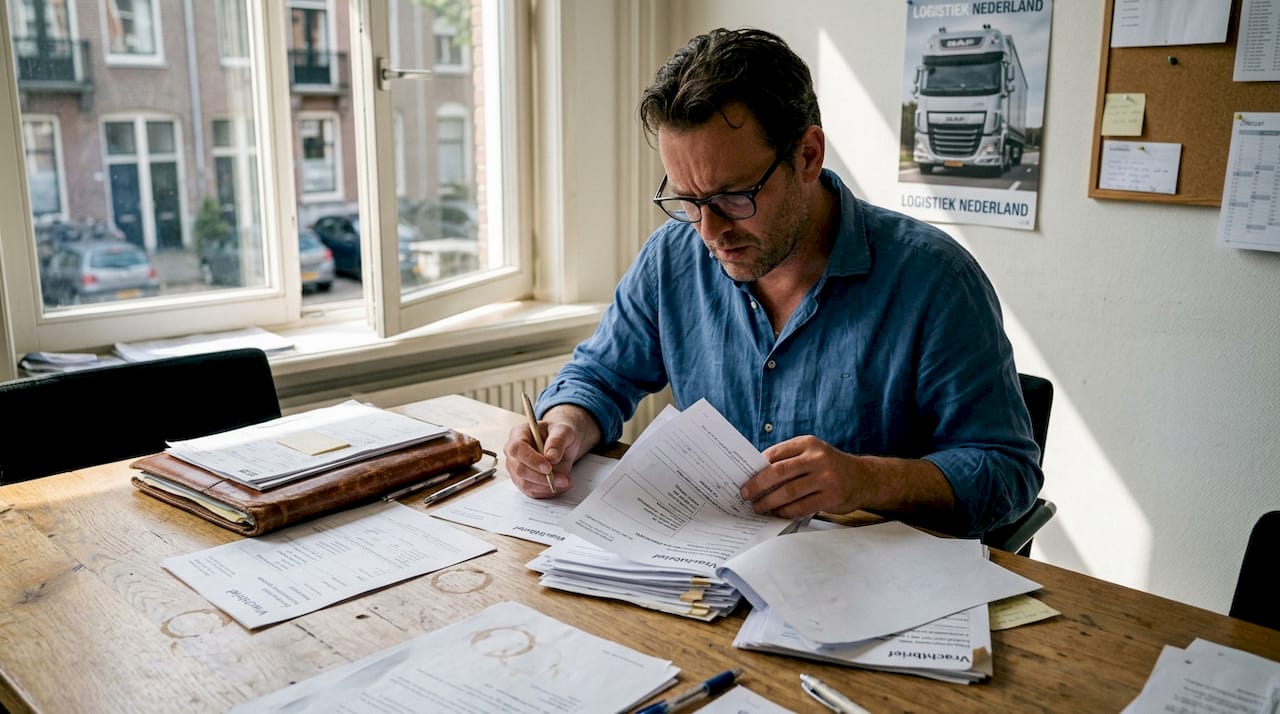 Man bekijkt zijn verzekeringspapieren op kantoor
