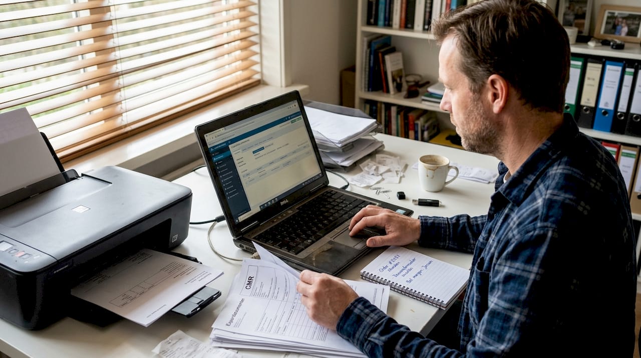Een medewerker is bezig exportdocumenten te uploaden op kantoor.