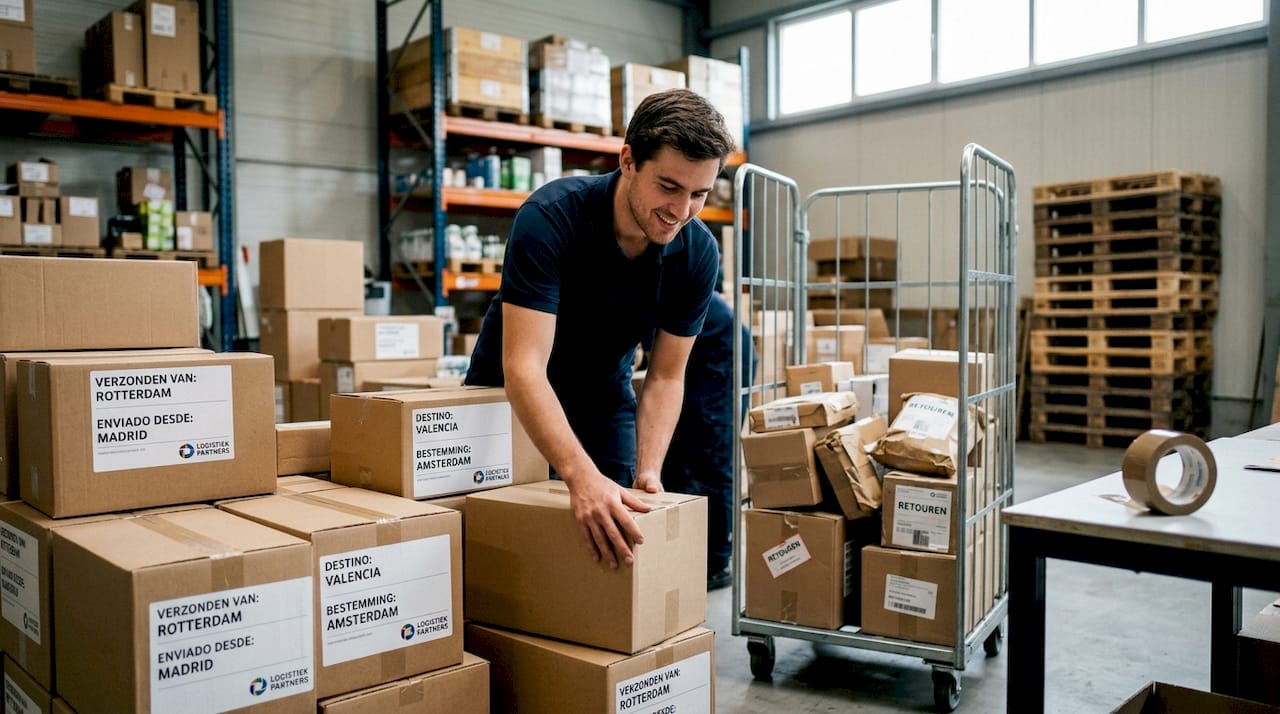In het magazijn houdt een medewerker zich bezig met het sorteren van retourzendingen uit het buitenland.