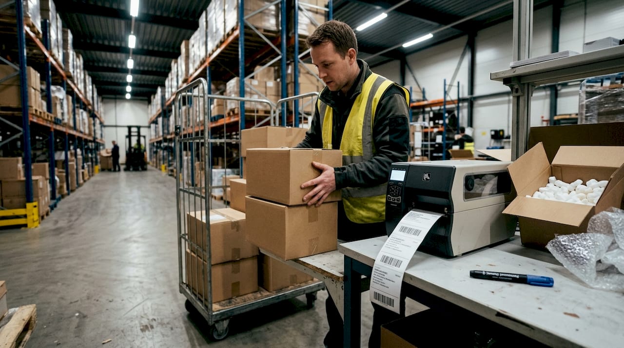 Een magazijnmedewerker voorziet verzenddozen van labels en stapelt ze netjes op elkaar.