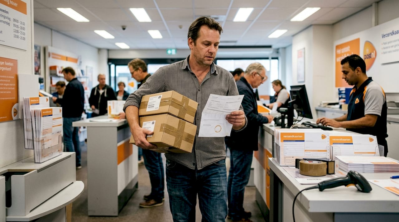 Man staat met pakketjes aan het loket van het postkantoor