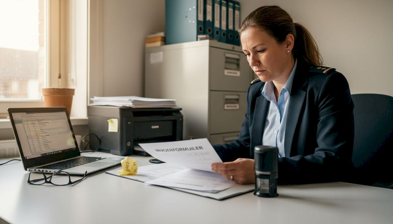 Op het kantoor buigt een douanier zich over de verwerking van een importformulier.
