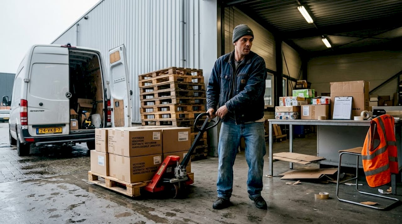 Een pallet wordt in een bestelbus geladen bij het magazijn.