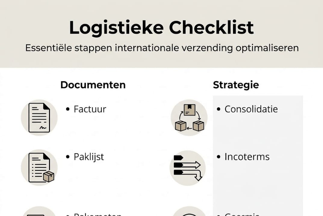 Overzichtelijke infographic met logistieke checklist: alle belangrijke documenten en slimme strategieën op een rij.