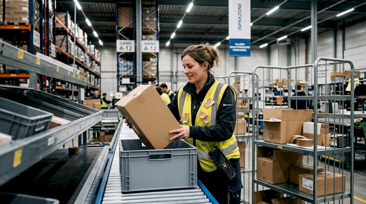 Een medewerker plaatst een pakket op de transportband in het distributiecentrum.