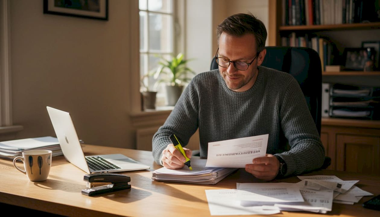 Een ondernemer bekijkt op zijn kantoor aandachtig de verzekeringspapieren.