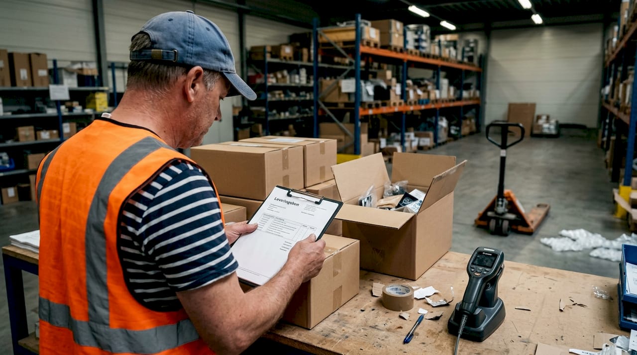 Magazijnmedewerker die verantwoordelijk is voor het in ontvangst nemen van importdozen