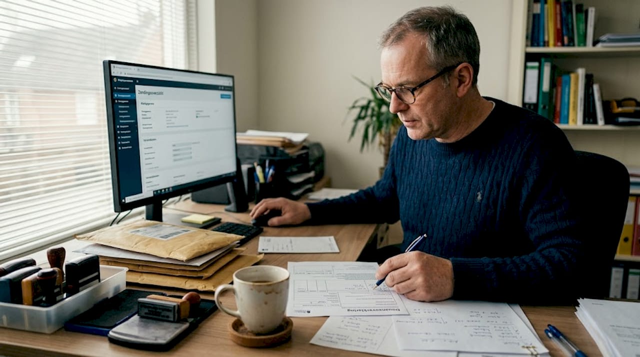 Een man zit aan zijn bureau formulieren voor de douane in te vullen.