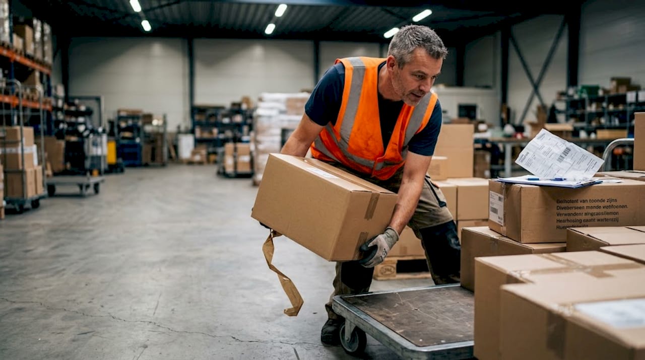 Een magazijnmedewerker die exportproducten op een kar laadt.