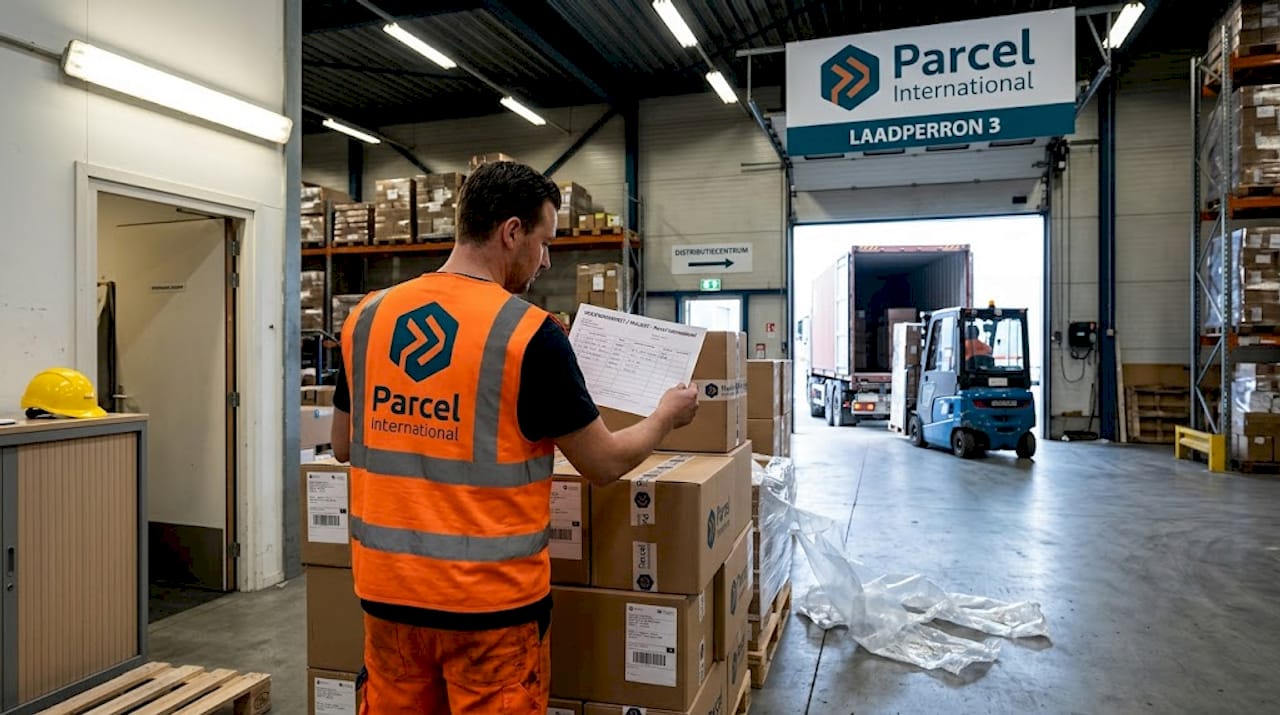 Een magazijnmedewerker is bezig met het sorteren van dozen bij het laadplatform.