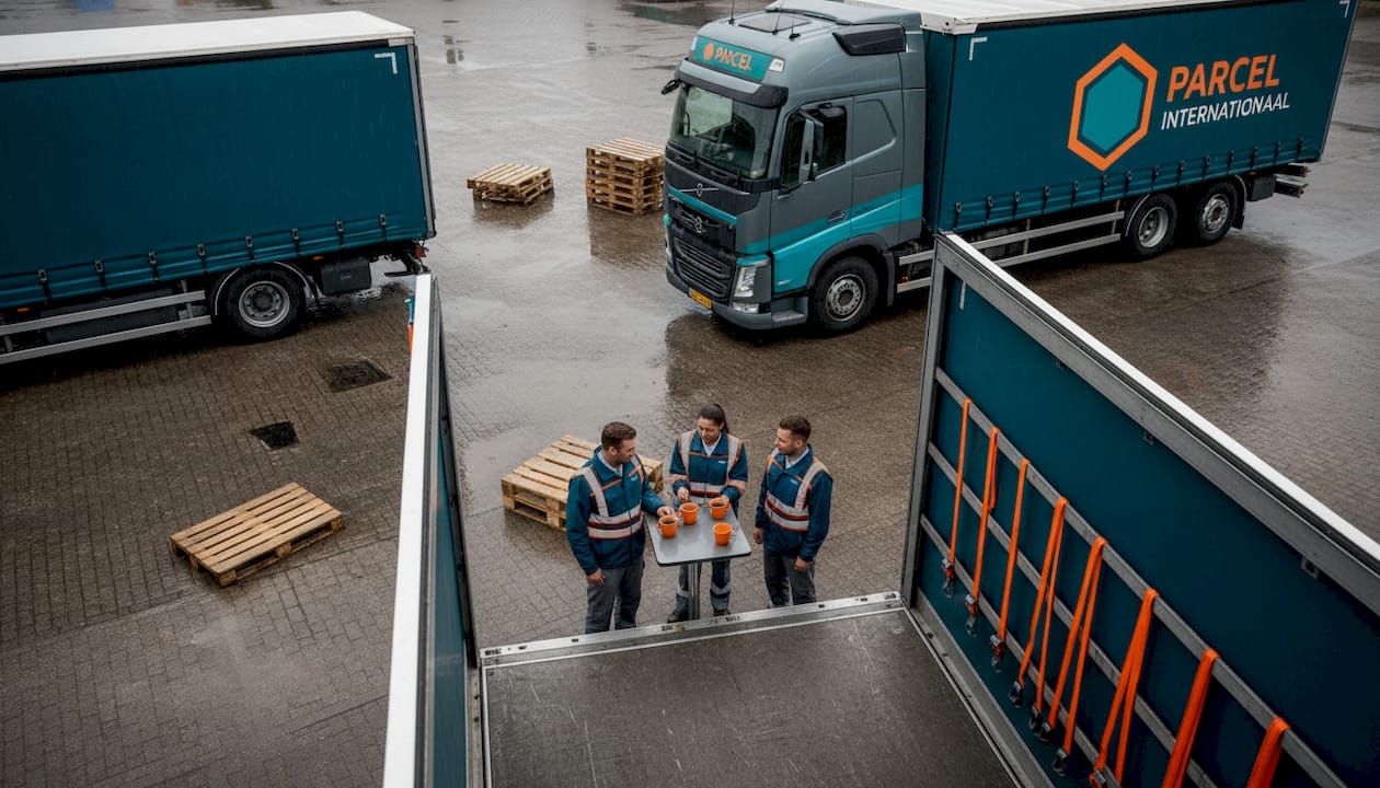 Vrachtwagenchauffeurs wachten bij hun wagen op het laadperron.