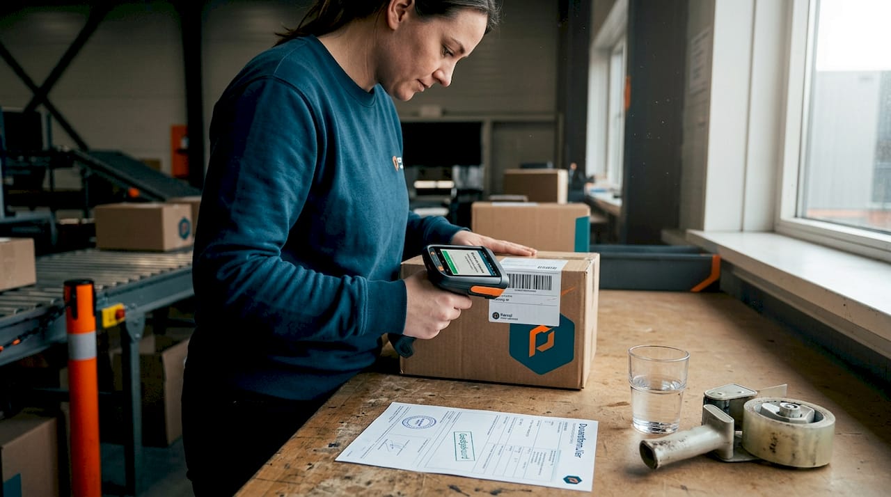 Een magazijnmedewerker controleert een pakket en scant de bijbehorende douanedocumenten.