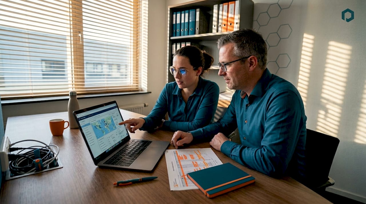 Op kantoor nemen collega’s samen de logistieke rapporten door.