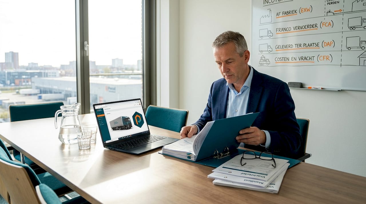 Een man bestudeert Incoterm-documenten aan de vergadertafel.