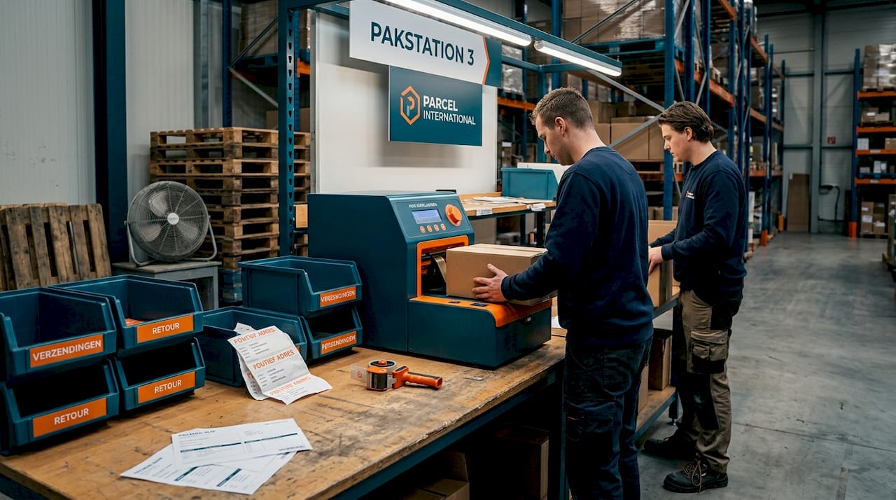 Magazijnmedewerkers die bestellingen van webshops zorgvuldig inpakken.
