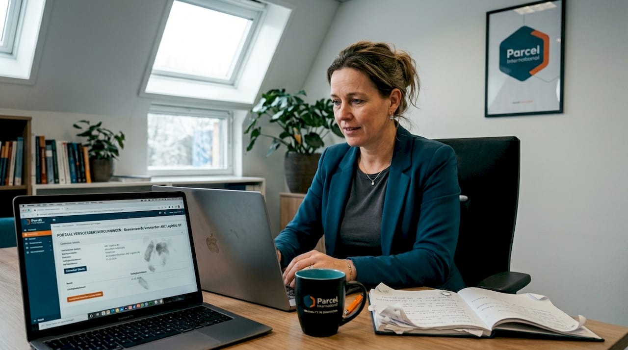Op kantoor bekijkt de manager de gegevens van de vervoerders nauwkeurig.