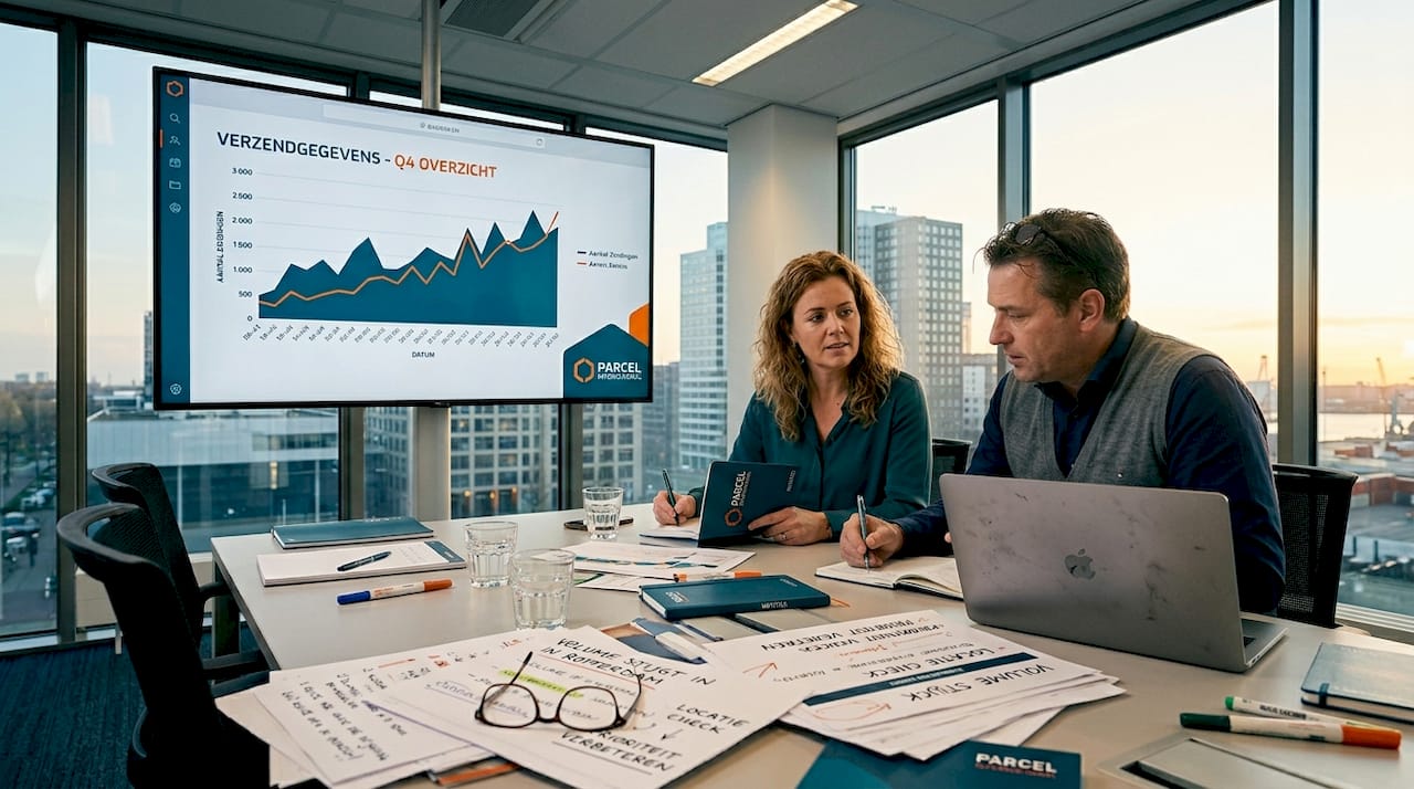Twee leidinggevenden bekijken samen logistieke gegevens op kantoor.