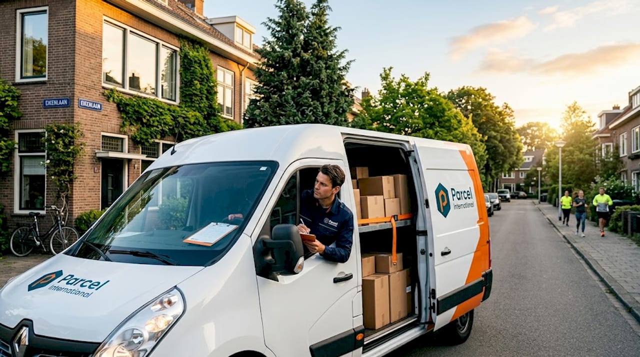 Een bestelbus rijdt door de wijk om pakketjes af te leveren.