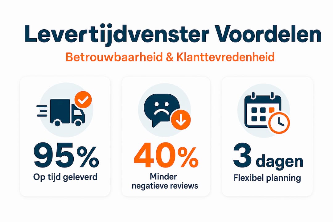 Infographic met overzichtelijke stat-cards: de voordelen van werken met tijdvensters voor leveringen