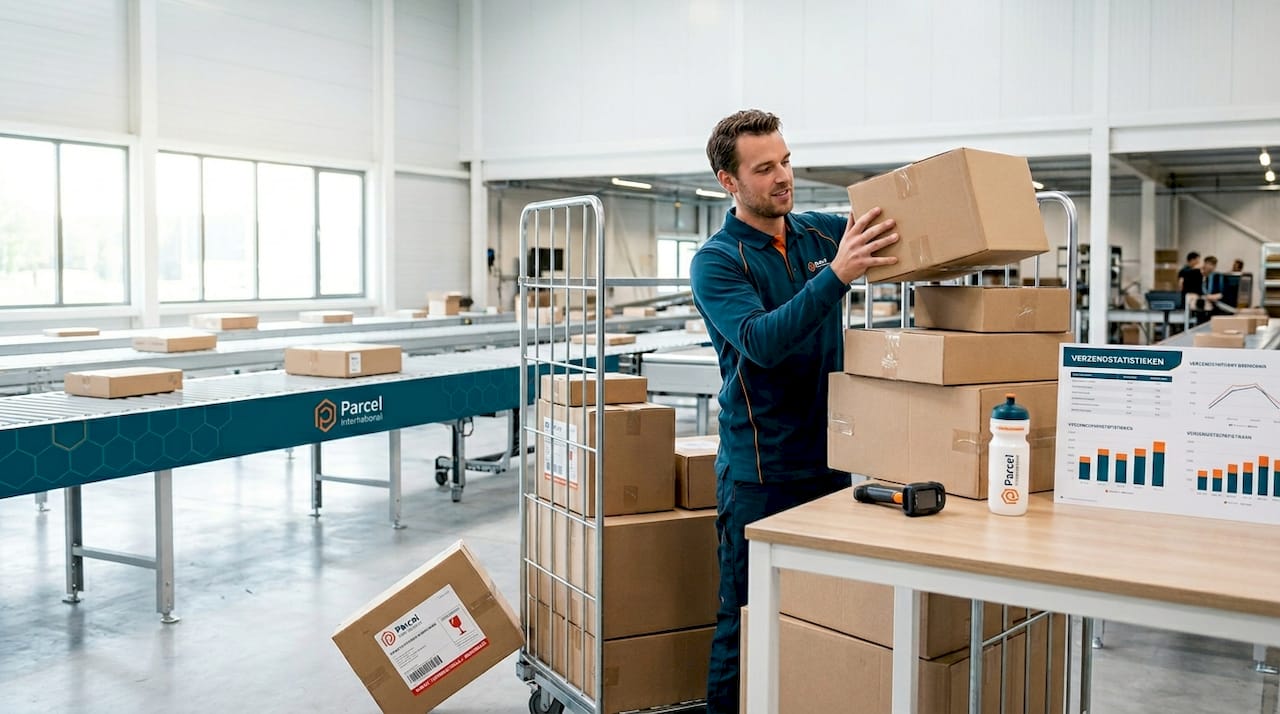Naarmate het aantal bestellingen toeneemt, is een medewerker druk bezig met het opstapelen van dozen.