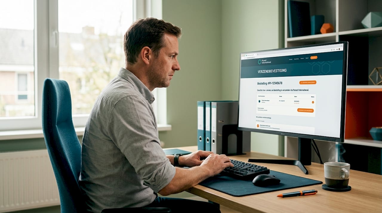 Man rondt online bestelling af vanuit zijn thuiskantoor