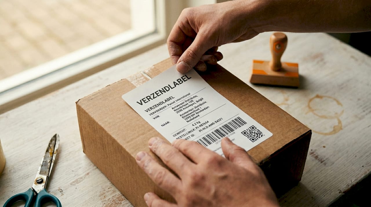 Een paar handen brengt van dichtbij een verzendlabel aan op een pakketdoos.