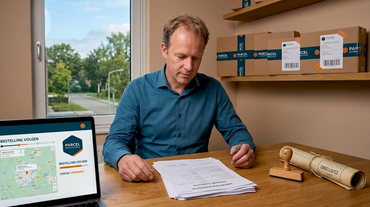 Man maakt internationale zending en bijbehorende documenten in orde