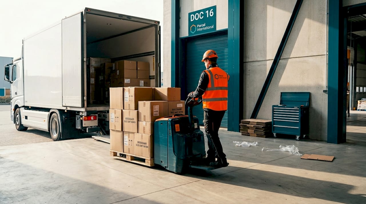 Een medewerker is bezig met het laden van een vrachtwagen bij het laadperron.