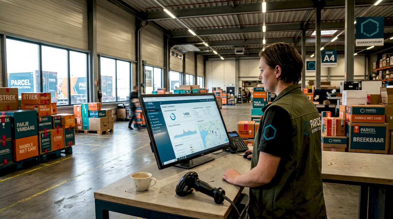 Een logistiek medewerker houdt het overzicht via het multi-carrier dashboard.