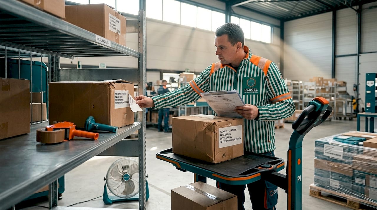 Een koerier is bezig met het sorteren van pakketten in een Nederlands distributiecentrum.