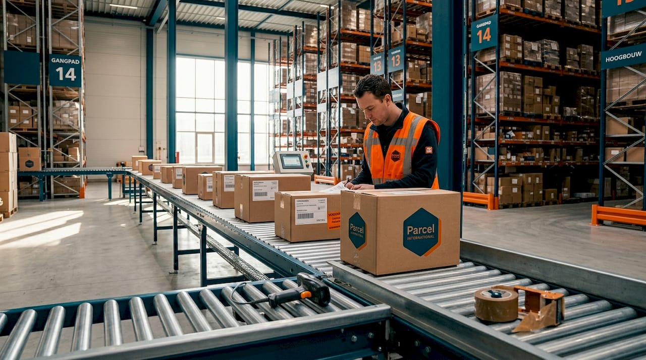 Een magazijnmedewerker loopt de internationale verzending na om te checken of alles klopt.