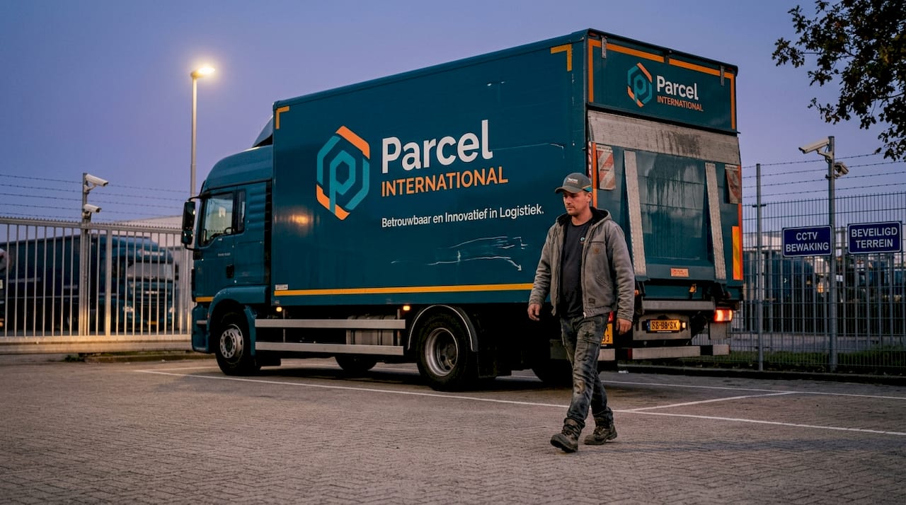 Vrachtwagenchauffeur op een beveiligde parkeerplaats