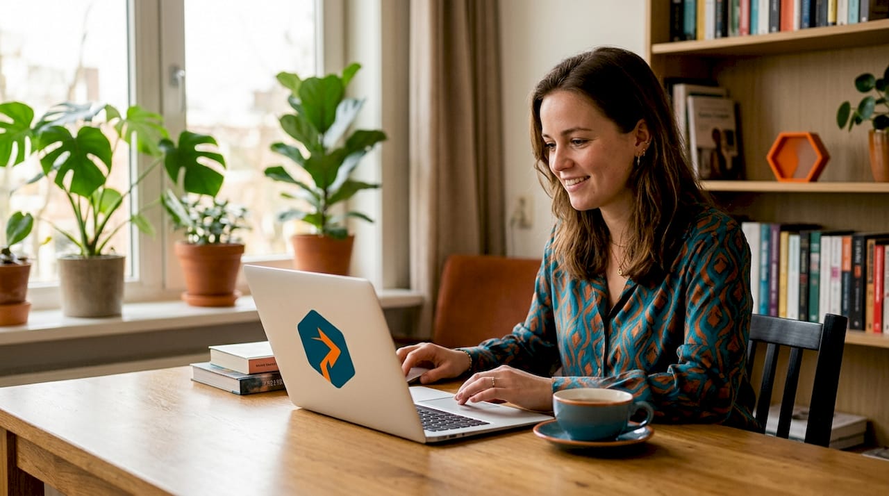 Een vrouw zit aan de keukentafel en bekijkt het klantportaal van haar logistieke dienstverlener op haar laptop.