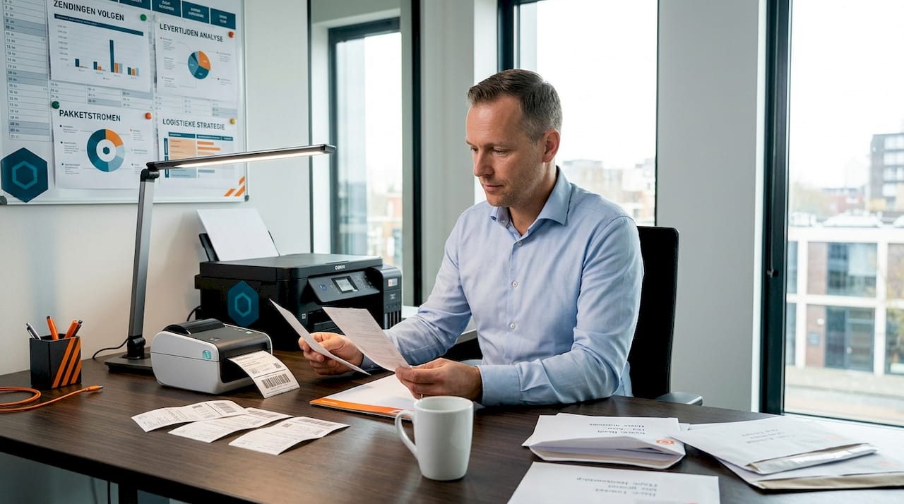 Man onderzoekt verschillende manieren om verzendlabels te printen