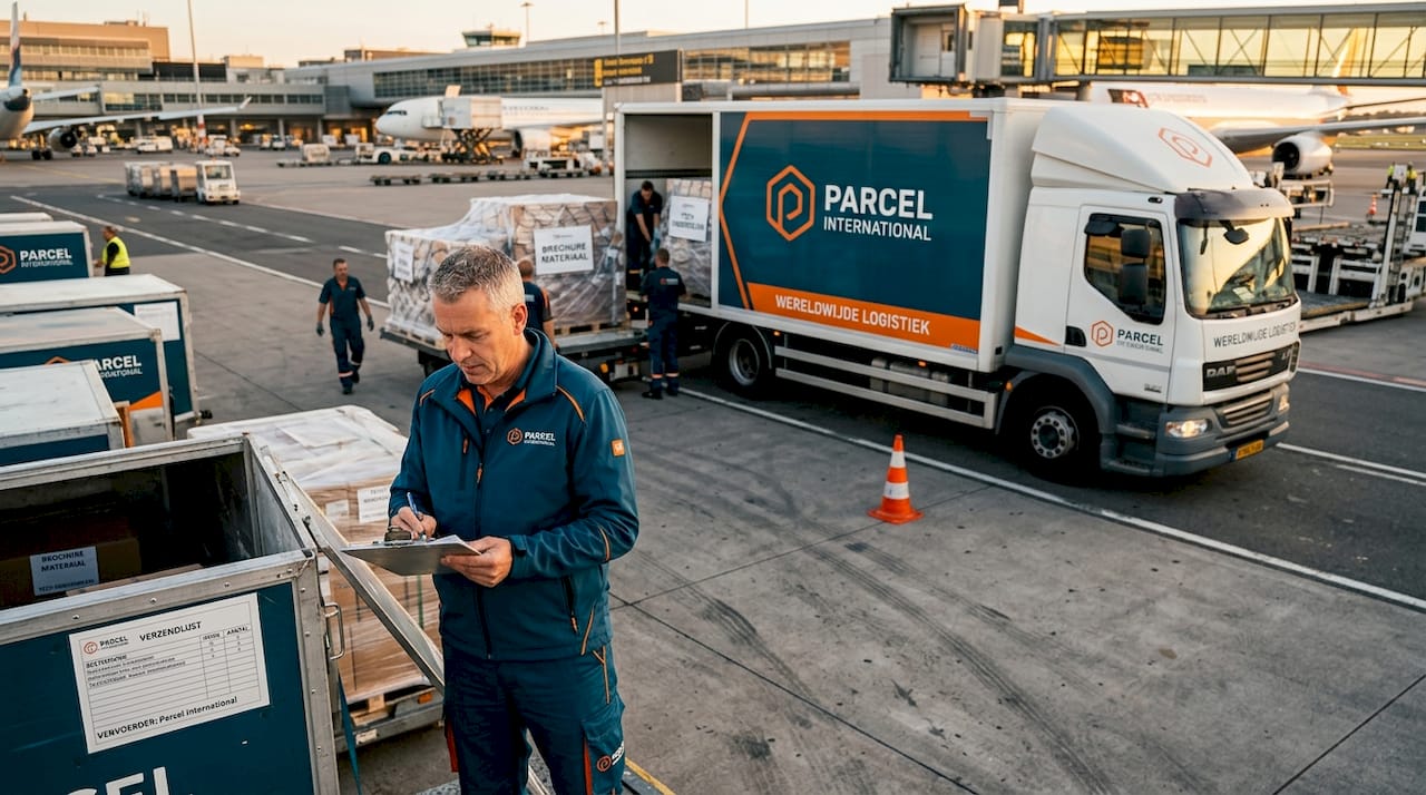 DHL-medewerker bezig met luchtvracht op het platform van de luchthaven