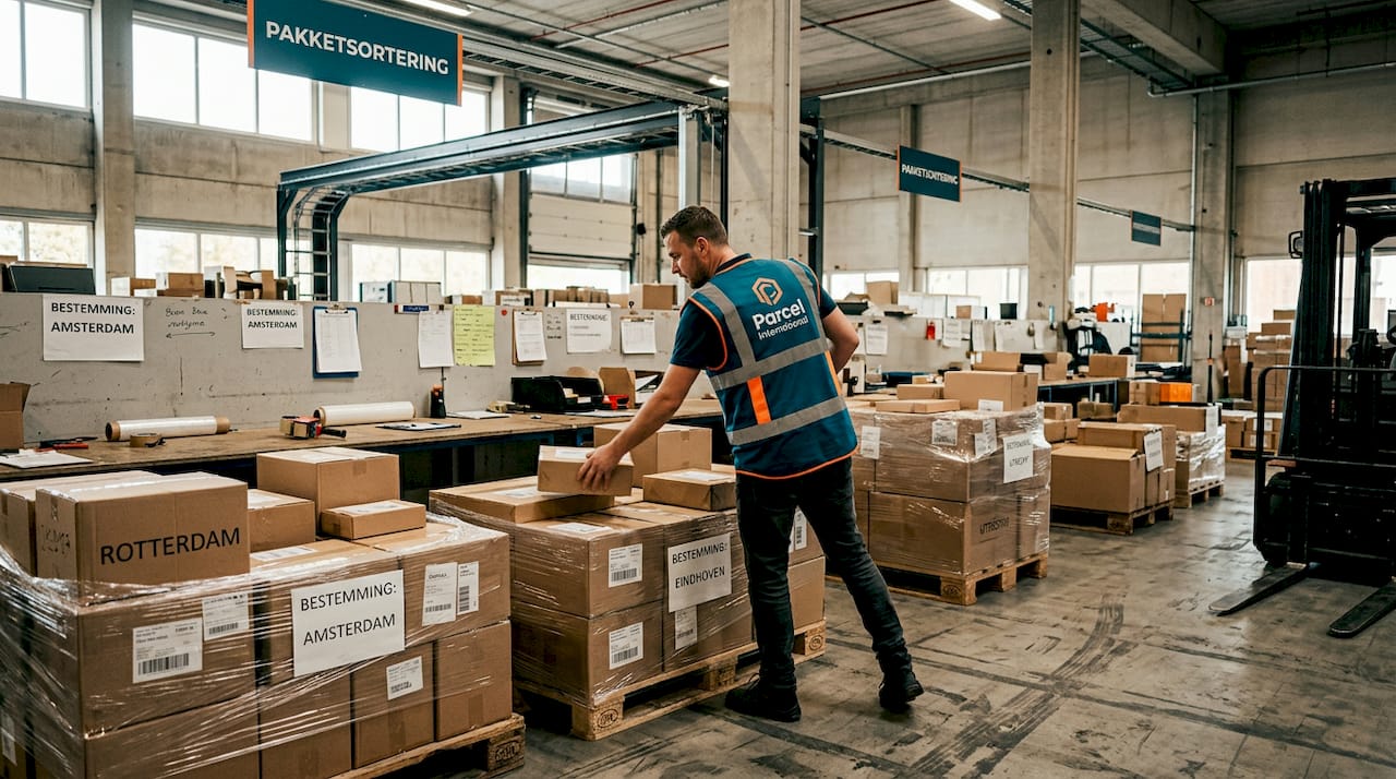 Een magazijnmedewerker is bezig met het sorteren van pakketten op het laadperron.