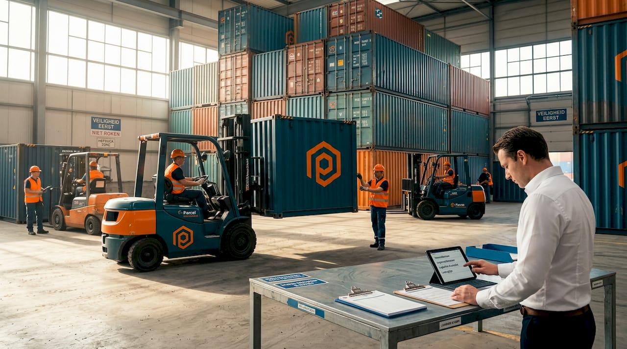 Een Chinese exporthaven waar werknemers druk in de weer zijn tussen stapels containers.