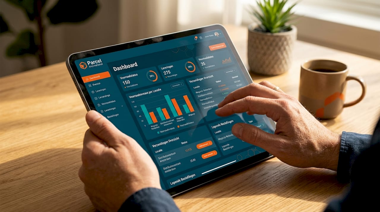 Handen aan het werk met een digitaal dashboard voor de supply chain