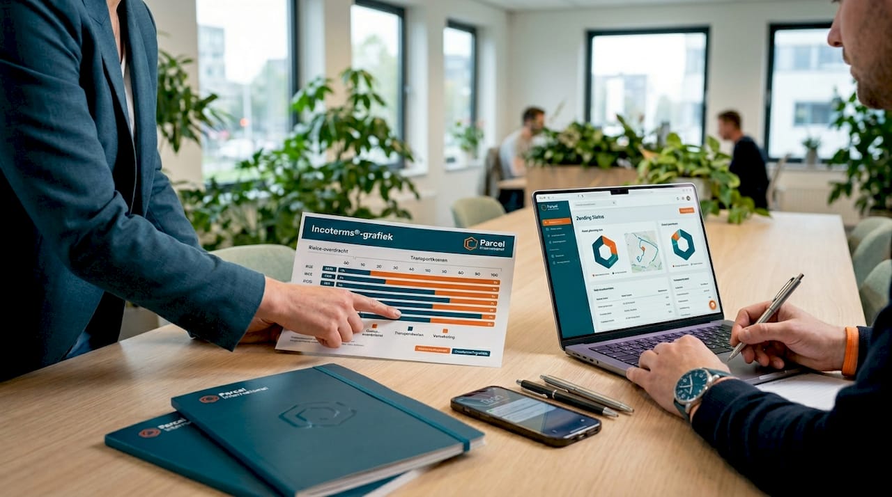 Experts buigen zich samen over het Incoterms-schema en maken aantekeningen.