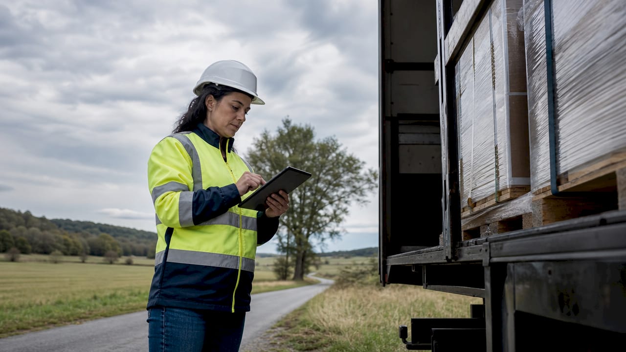 Een vrouw inspecteert de lading in een vrachtwagencontainer op het buitenterrein.