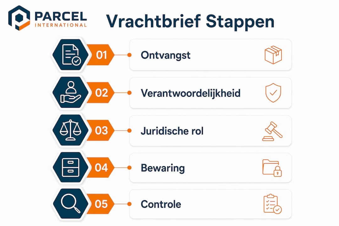 Infographic met een overzicht van de stappen bij het opstellen en verwerken van een vrachtbrief, weergegeven in een verticale flow.