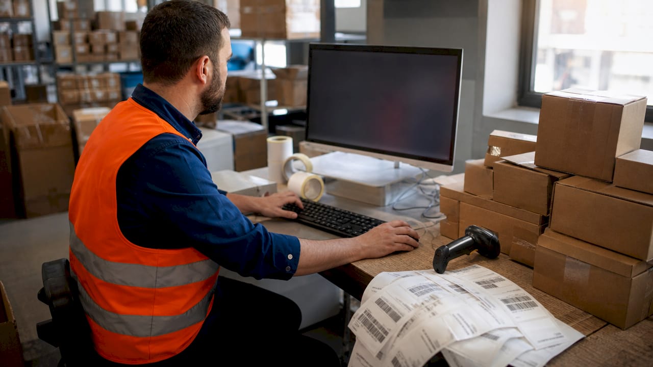 Iemand zit achter zijn bureau en regelt online een retour via het retourportaal.