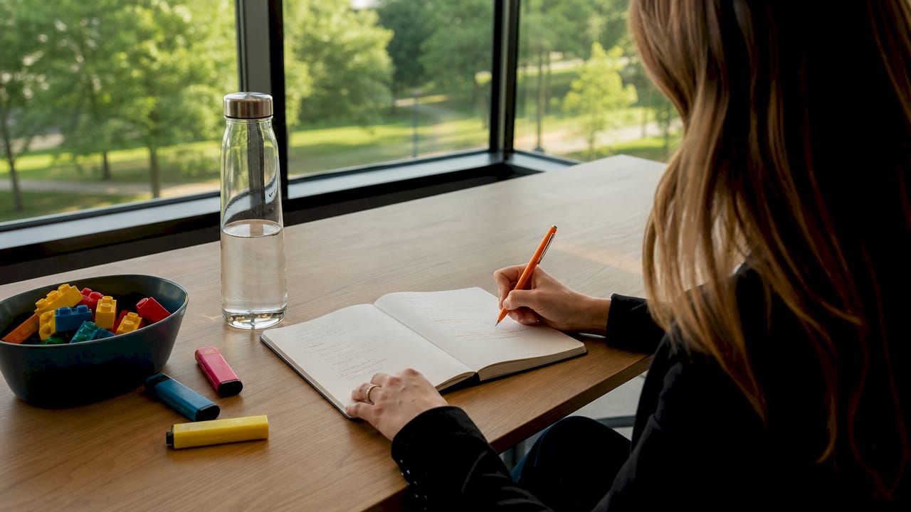 Detailopname van een hand die aantekeningen maakt over Incoterms