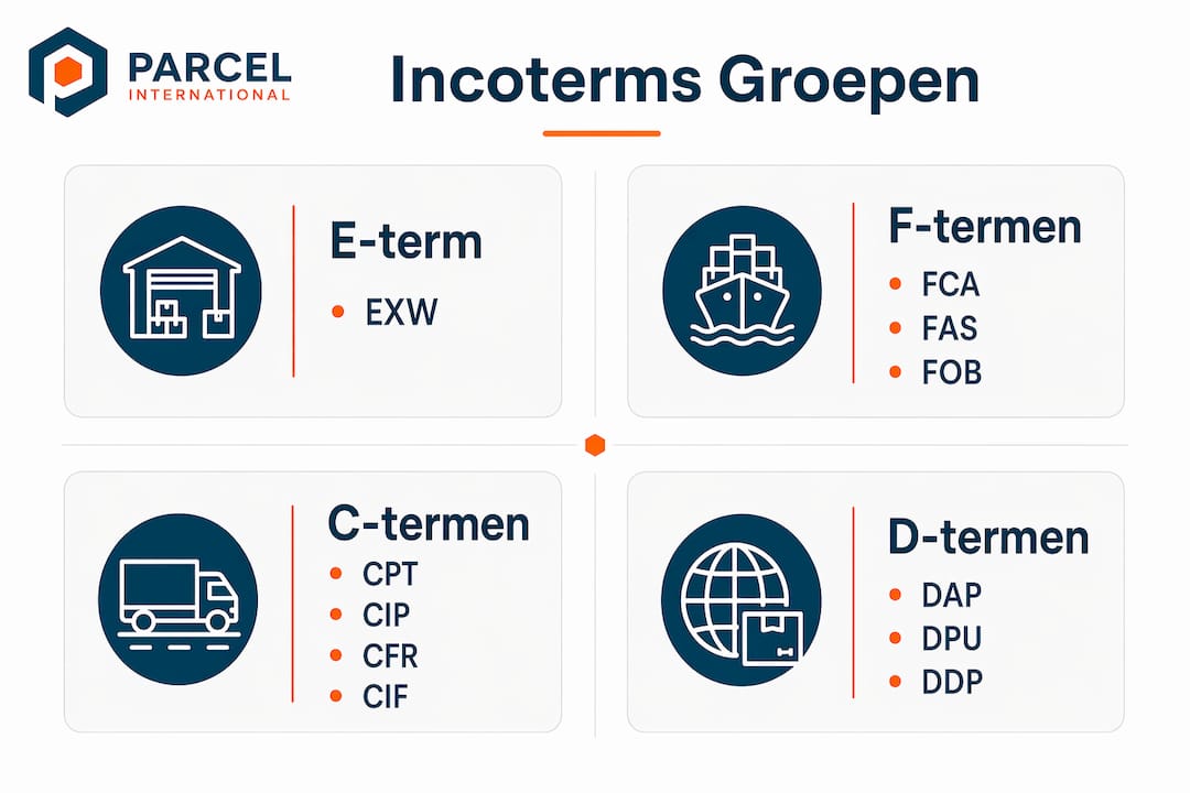 Overzichtelijke infographic met de belangrijkste verschillen tussen de Incoterms-groepen