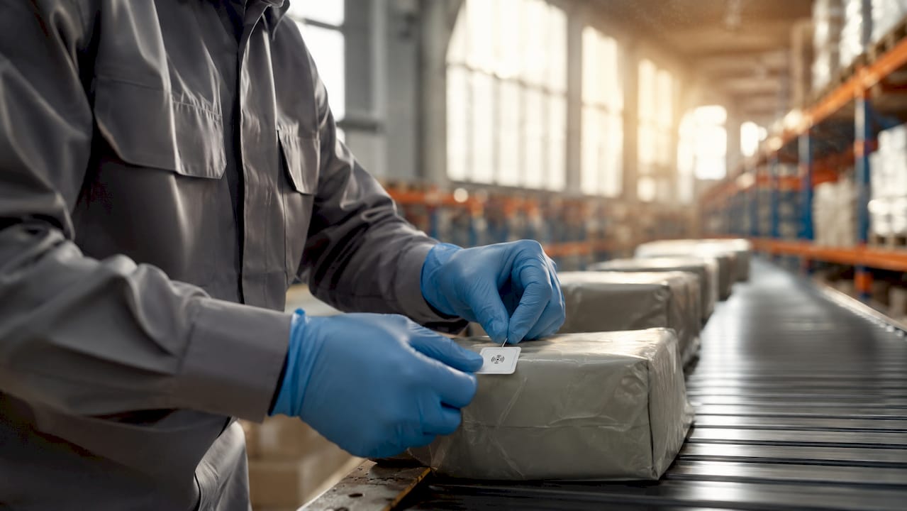 Detailopname van handen die een RFID-label bevestigen in het magazijn