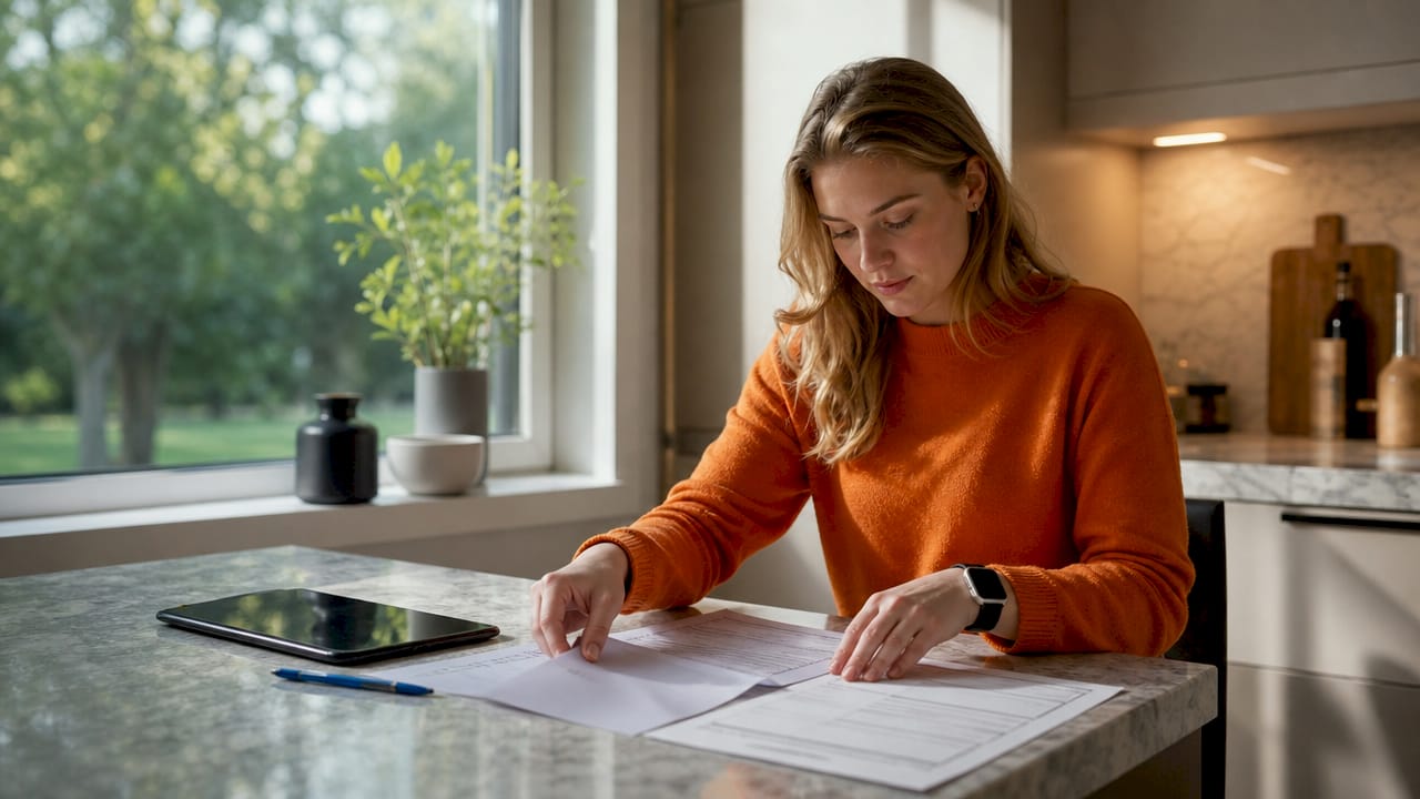 Een paar handen sorteren exportpapieren op het bureau in een kantoor.