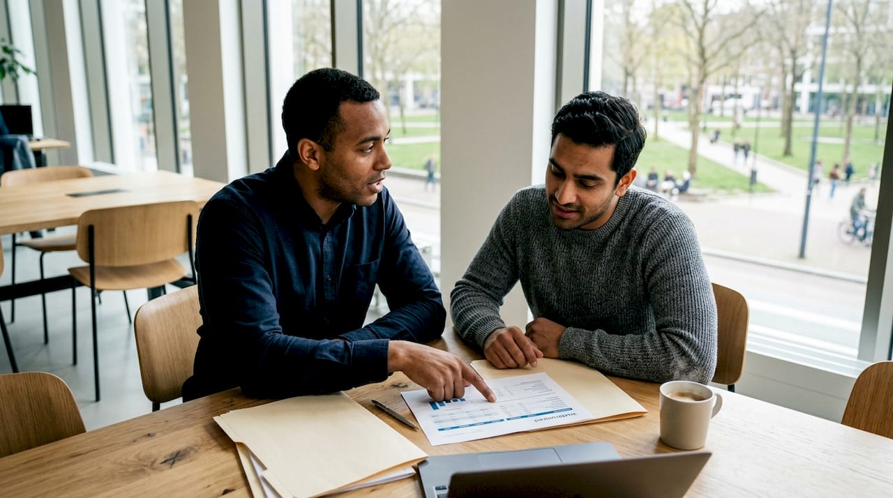 Twee mannen zitten samen om tafel om vrachtcontracten door te nemen.